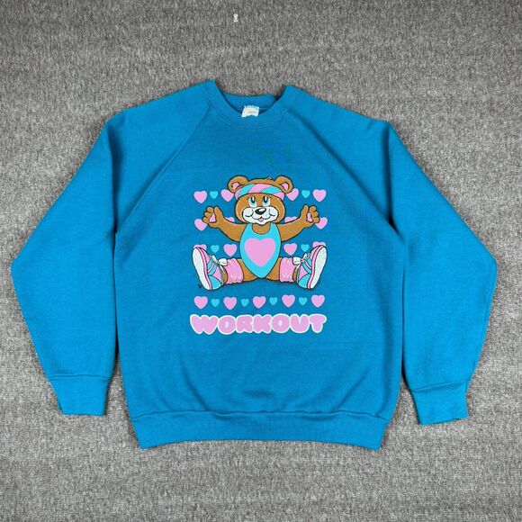 Vintage Workout Teddy Bear Sweatshirt Adult Large Blue Cute Gym USA Crewneck 90s - Picture 1 of 6